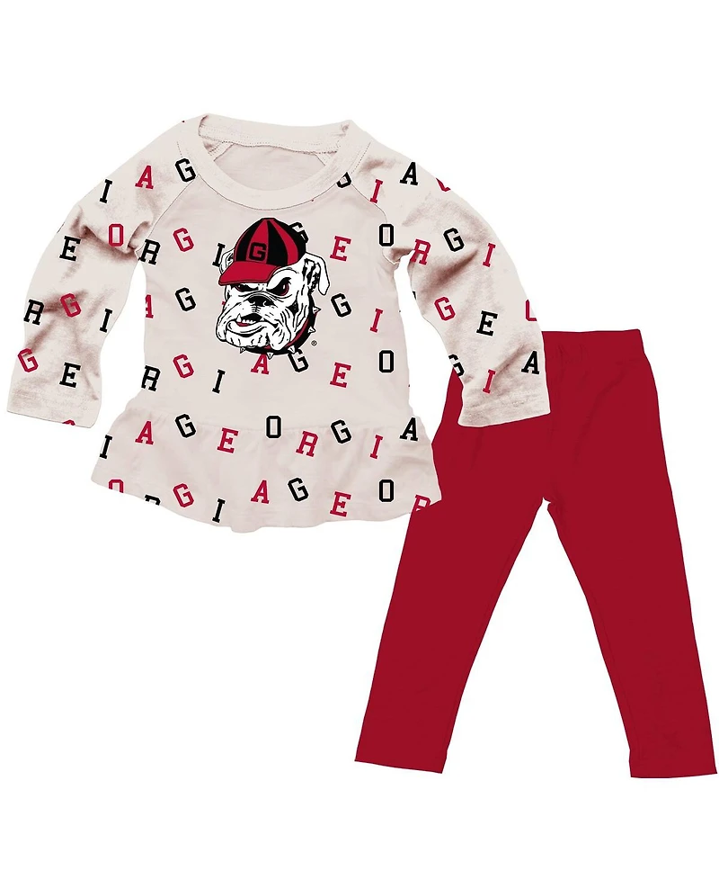 Wes & Willy Girls Toddler 2-Piece Oatmeal Georgia Bulldogs Ruffle Raglan Long Sleeve T-Shirt and Leggings Set