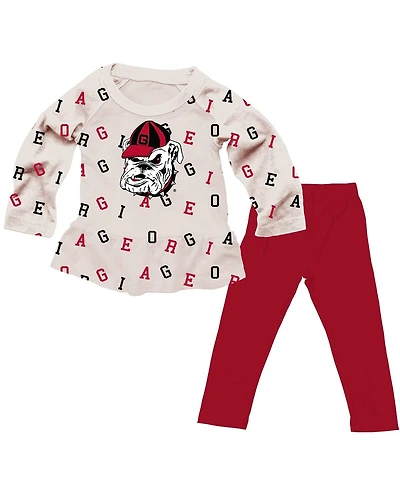 Wes & Willy Girls Toddler 2-Piece Oatmeal Georgia Bulldogs Ruffle Raglan Long Sleeve T-Shirt and Leggings Set