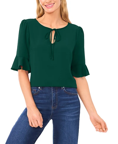 CeCe Women's Split Tie Neck Ruffle Cuff 3/4-Sleeve Top