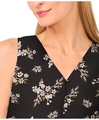 CeCe Women's Floral Shirred Button Down Sleeveless Top