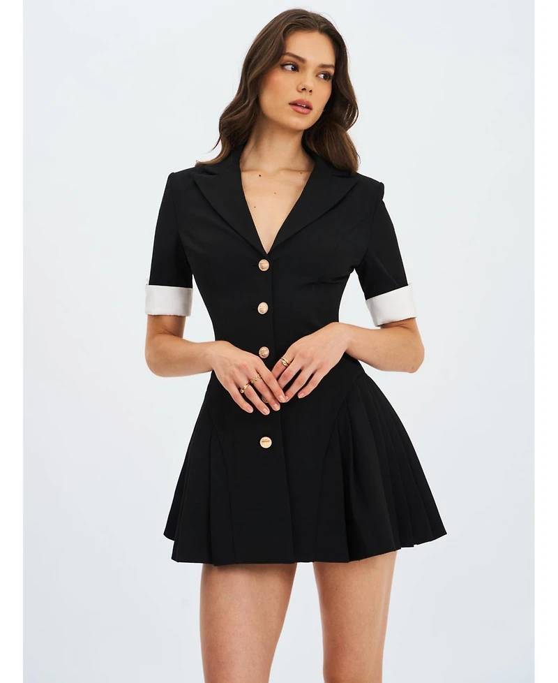 Miss Circle Women's Ilitha Black Woven Crepe Pleated A-Line Mini Dress