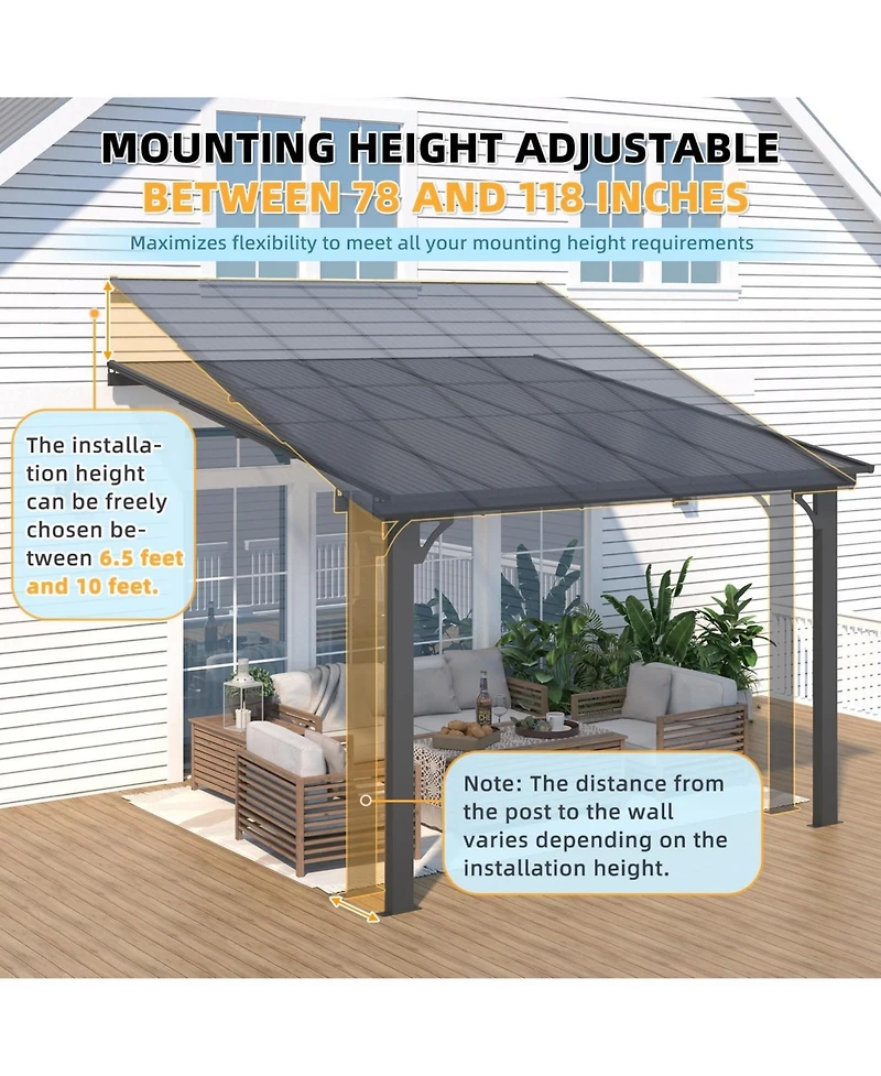 Aecojoy 10'x10' Adjustable Height Wall Mounted Outdoor Gazebos Pergola