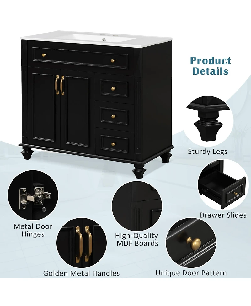 Casainc 36" Bathroom Vanity with Sink, Cabinet Flip-Out Drawer, 3 Drawers, 2 Soft-Close Doors, Solid Wood and Mdf, Premium Hardware