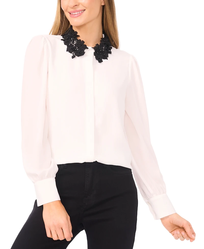 CeCe Women's Long Sleeves Applique Button Up Shirts