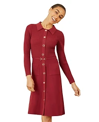 Yumi Women's Belted Rib Knit Midi Dress With Pockets