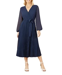 Yumi Women's Long Sleeved Pleated Midi Wrap Dress