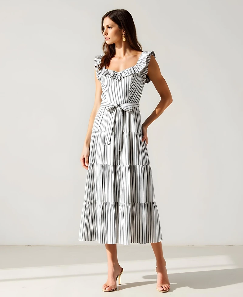 Modenaire Women's Striped Tiered Ruffle-Sleeve Midi Dress