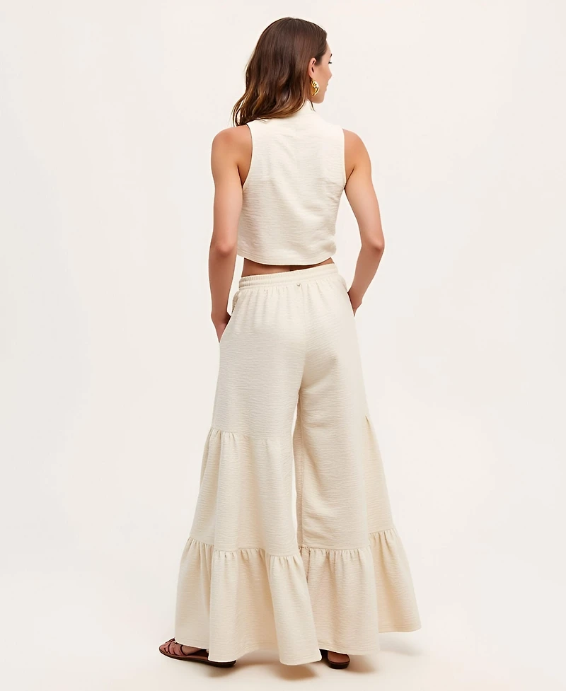 Modenaire Women's Sleeveless Textured Mock-Neck Crop Top & Tiered Wide-Leg Drawstring Pants 2-Pc. Set
