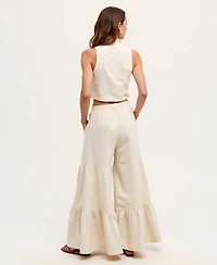Modenaire Women's Sleeveless Textured Mock-Neck Crop Top & Tiered Wide-Leg Drawstring Pants 2-Pc. Set