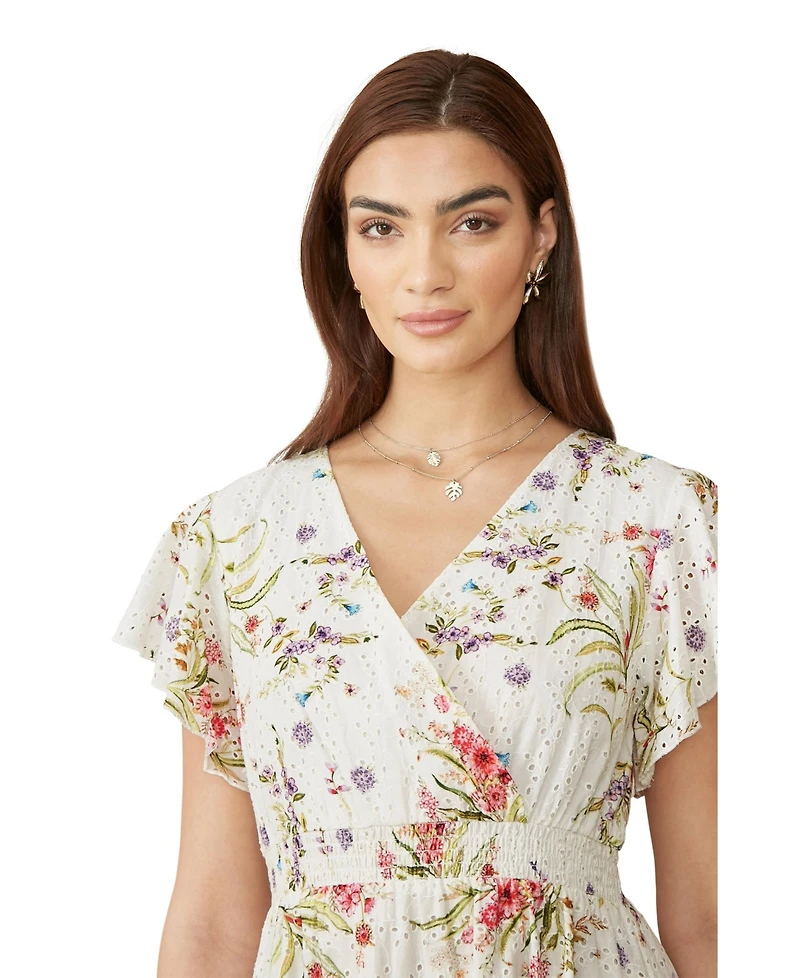 Yumi Women's Floral Broderie Anglaise Wrap Midi Dress