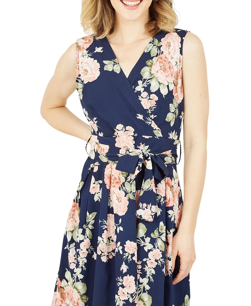 Yumi Women's Floral Rose Wrap Over Sleeveless Dress