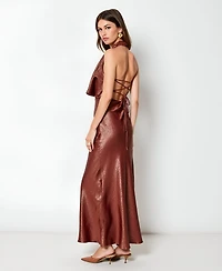 Modenaire Women's Shimmer Cowl-Neck Halter Lace-Up Evening Gown