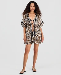 Miken Juniors' Leaf-Trim Leopard-Print Cover-Up Kimono, Macy's Exclusive