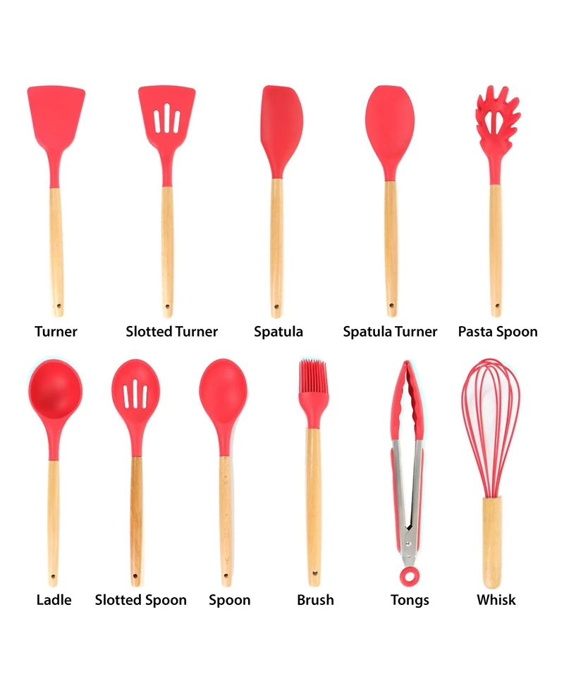 MegaChef Red Silicone and Wood Cooking Utensils, Set of 12