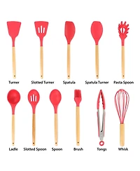 MegaChef Red Silicone and Wood Cooking Utensils, Set of 12