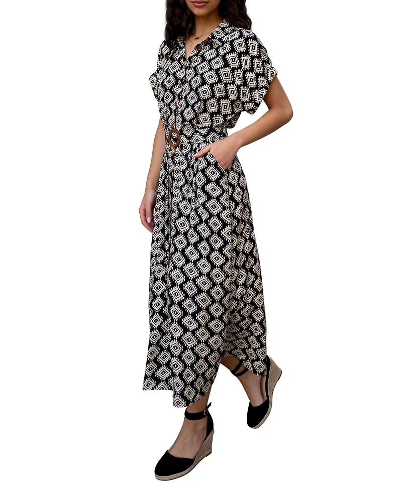 Yumi Women's Midi Shirt Dress With Matching Belt