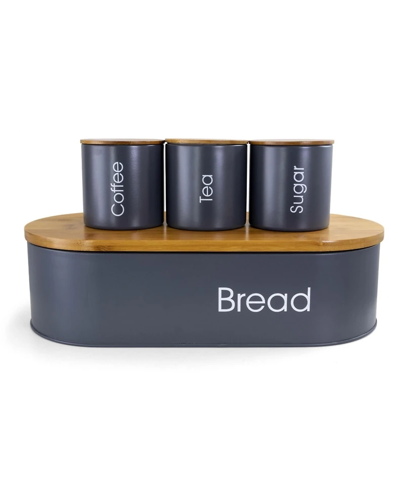 MegaChef Bamboo Kitchen Countertop 4 Piece Metal Bread Basket and Canister Set in Gray with Lids