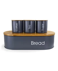 MegaChef Bamboo Kitchen Countertop 4 Piece Metal Bread Basket and Canister Set in Gray with Lids