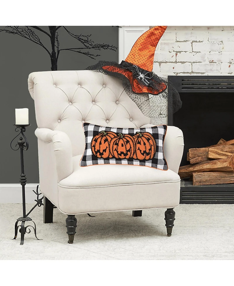 Jack-o-Lantern Pumpkin Check Tufted Bolster Halloween Accent Pillow, 12" x 24"