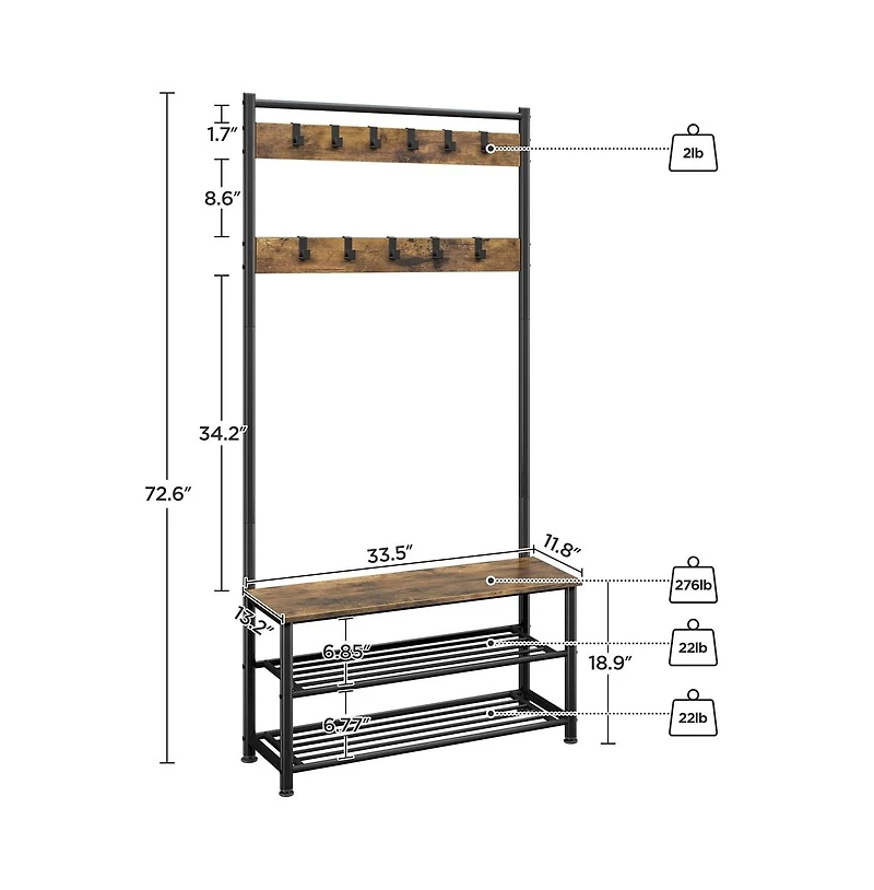 73” H Metal Hall Tree with Shoe Storage Bench Entryway