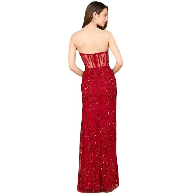 strapless open back dress Red Sequined Sheath Mini Homecoming Dress Club Dresses – jkprom main image 0