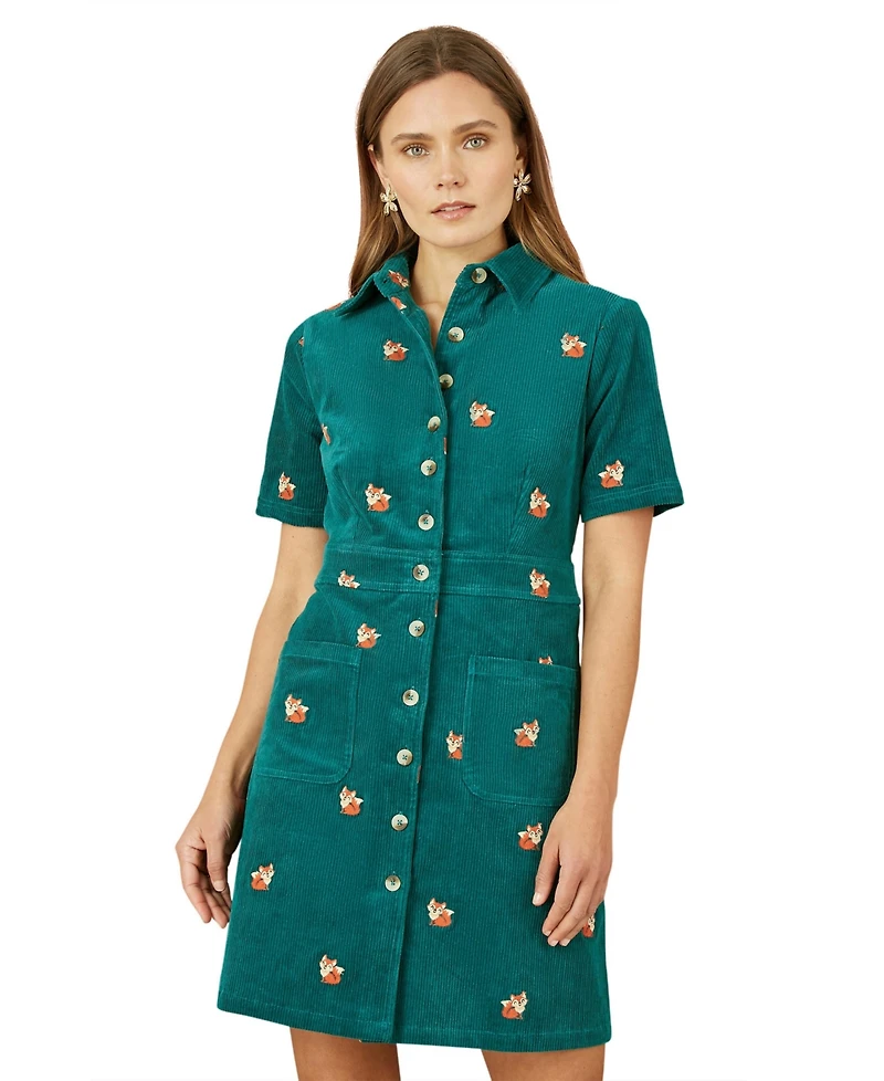 Yumi Women's Fox Embroidered Cord Shirt Dress