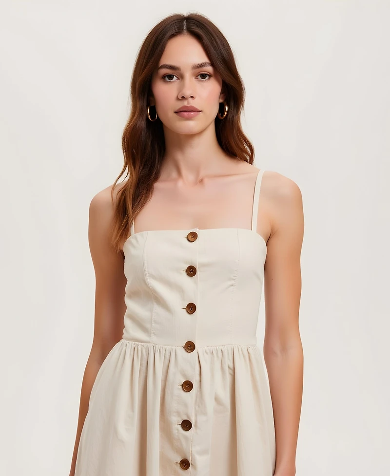 Modenaire Women's Button Front Spaghetti Straps Midi Dress