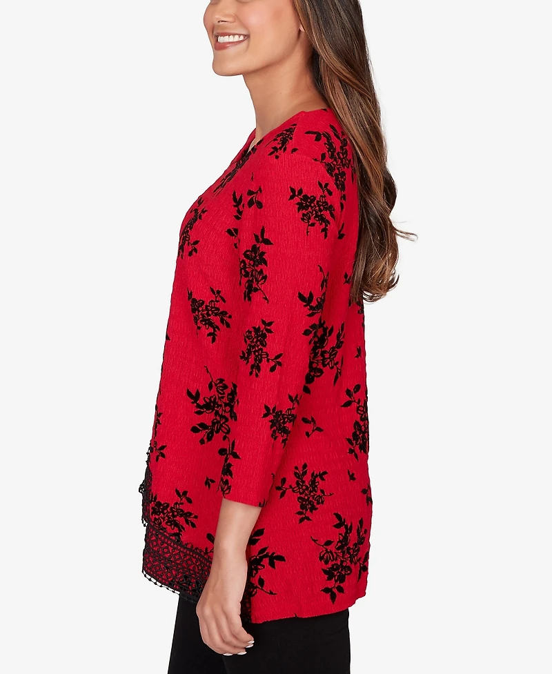Ruby Rd. Petite Floral Flocked Texture Lace Trim Top