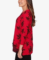 Ruby Rd. Petite Floral Flocked Texture Lace Trim Top