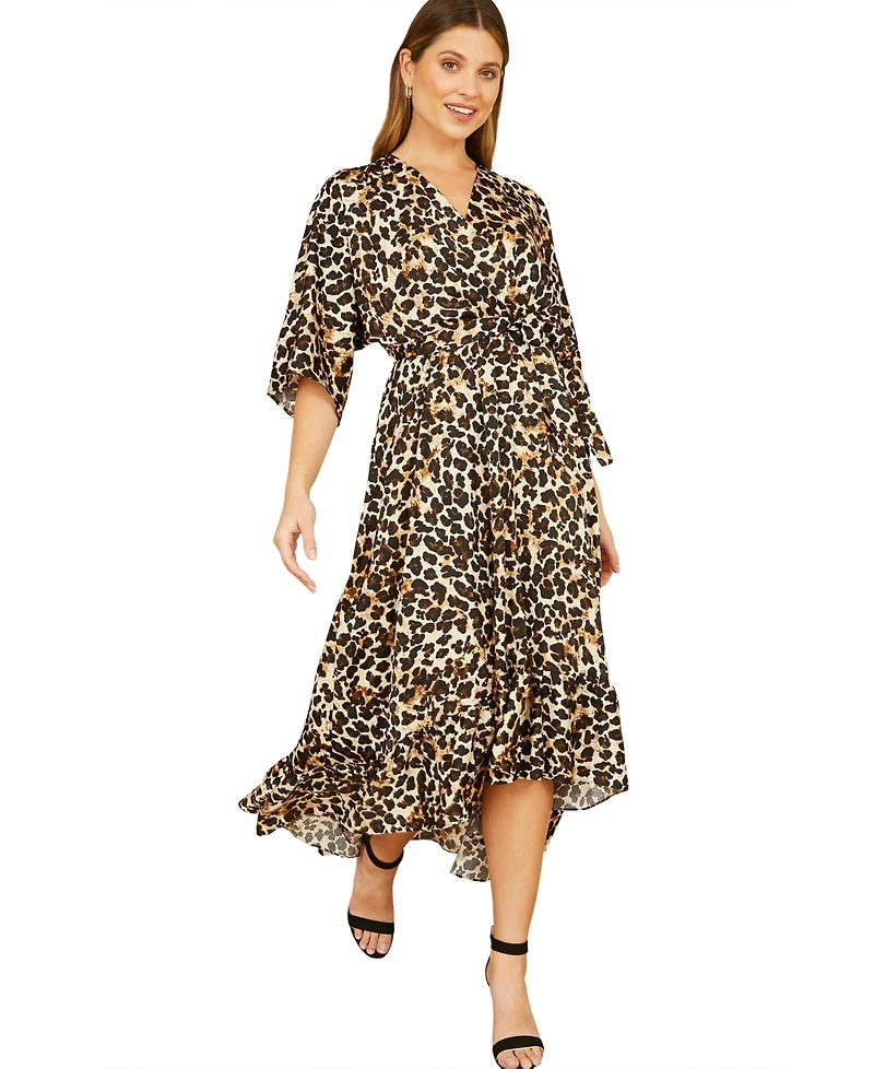 Yumi Women's Leopard Print Kimono Sleeve Wrap Dress
