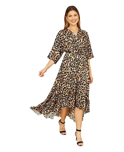 Yumi Women's Leopard Print Kimono Sleeve Wrap Dress
