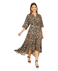 Yumi Women's Leopard Print Kimono Sleeve Wrap Dress