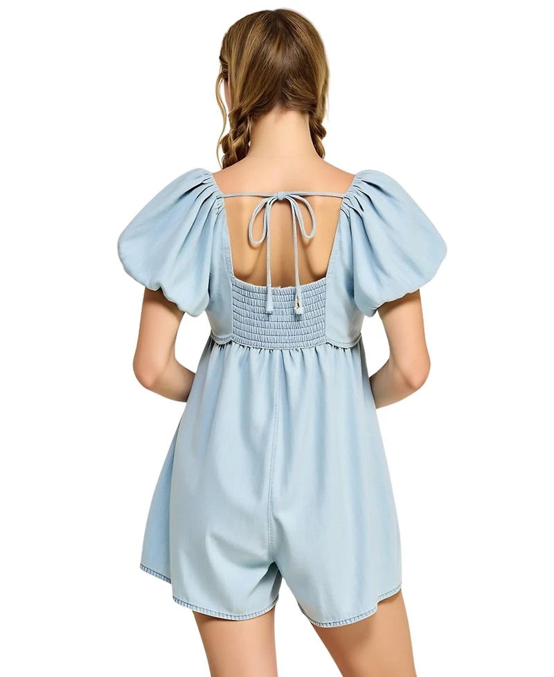 Modenaire Women's Puff-Sleeve Tie-Front Empire-Waist Romper
