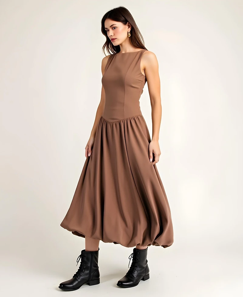 Modenaire Women's Sleeveless Fit-and-Flare Midi Bubble-Hem Dress