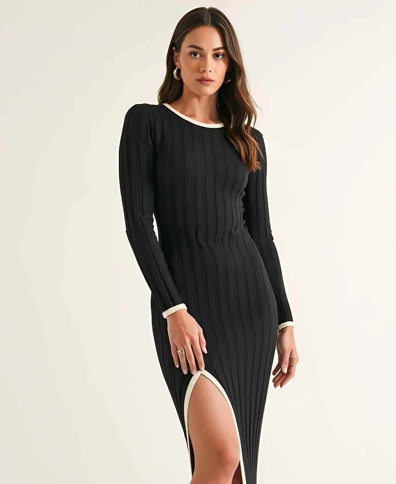 Modenaire Women's Ribbed Knit Long Sleeve Contrast Trim Midi Dress