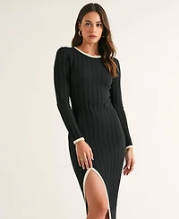 Modenaire Women's Ribbed Knit Long Sleeve Contrast Trim Midi Dress
