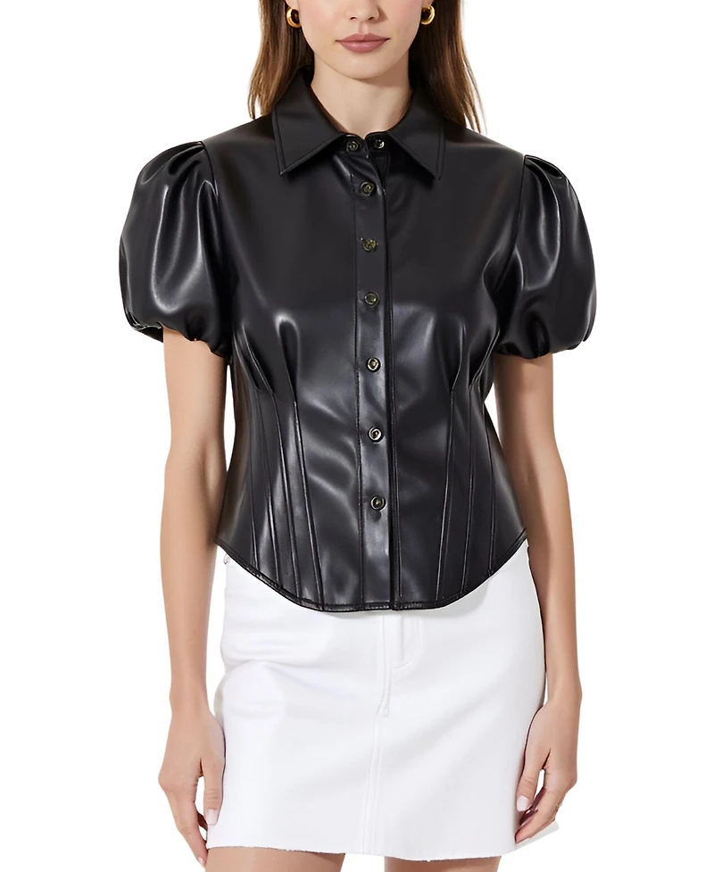 Modenaire Women's Leather Puff Sleeve Corset Button Up Shirt