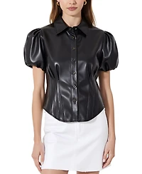 Modenaire Women's Leather Puff Sleeve Corset Button Up Shirt