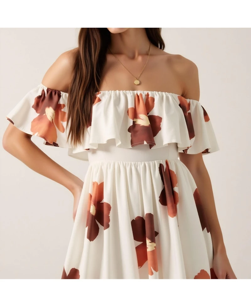Modenaire Women's Floral Off-Shoulder Ruffled Bodice Mini Dress