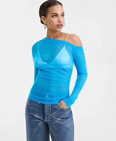 Bar Iii Women's Asymmetric Embellished Mesh Top, Macy's Exclusive