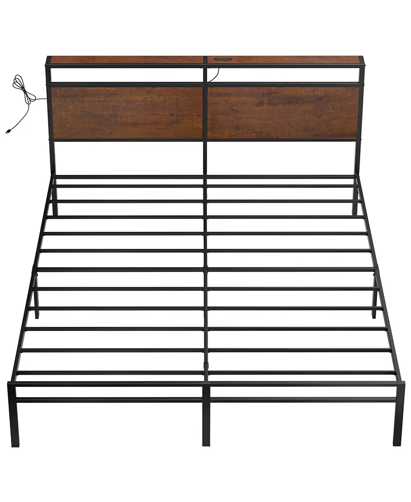 Hausource Industrial King Size Bed Frame with Storage Led Headboard, Charging Station, No Box Spring Needed