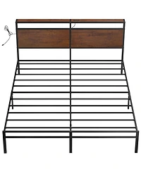 Hausource Industrial King Size Bed Frame with Storage Led Headboard, Charging Station, No Box Spring Needed