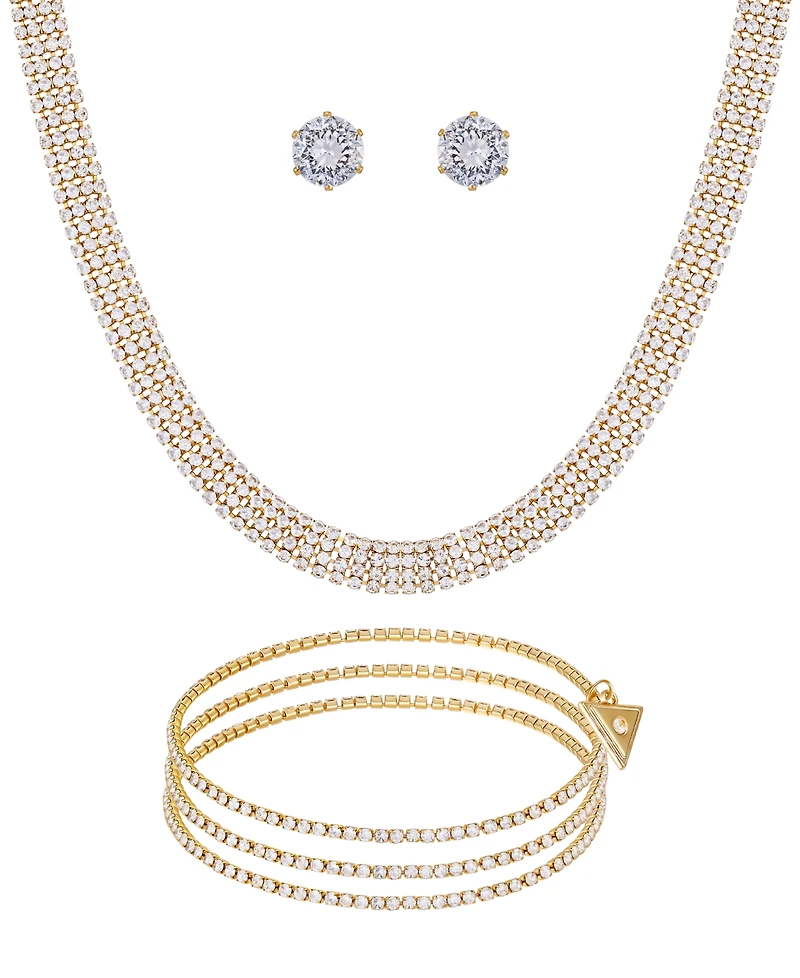 Guess 3-Pc. Cubic Zirconia Gold-Tone Choker Necklace, Stud Earrings, and Bracelet Set