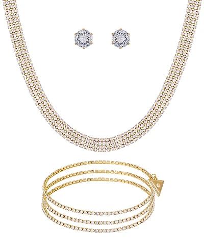 Guess 3-Pc. Cubic Zirconia Gold-Tone Choker Necklace, Stud Earrings, and Bracelet Set
