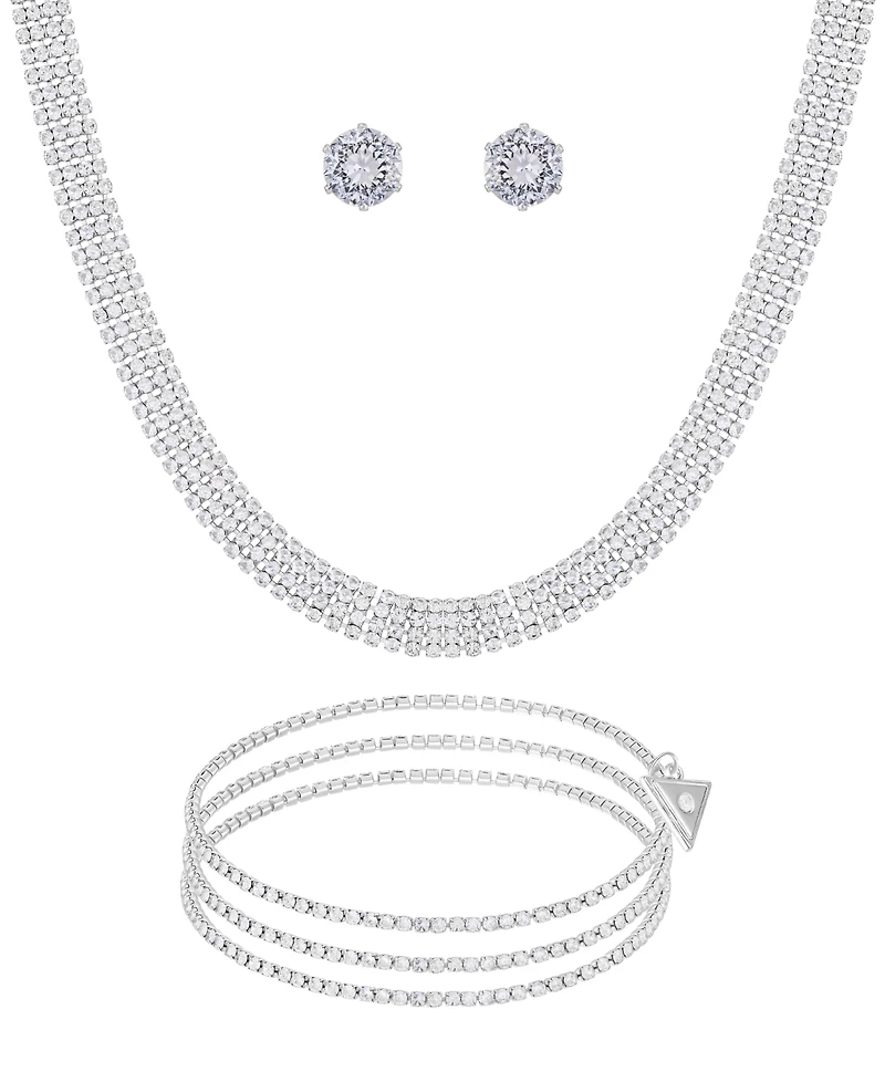 Guess 3-Pc. Cubic Zirconia Gold-Tone Choker Necklace, Stud Earrings, and Bracelet Set