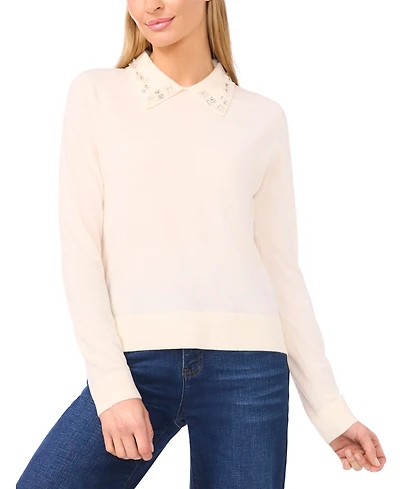 CeCe Women's Collared Neck Embellished Polo Sweater