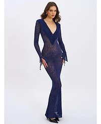 Miss Circle Women's Ilyse Navy V-Neck Plunge Animal Print Mermaid Hem Maxi Dress