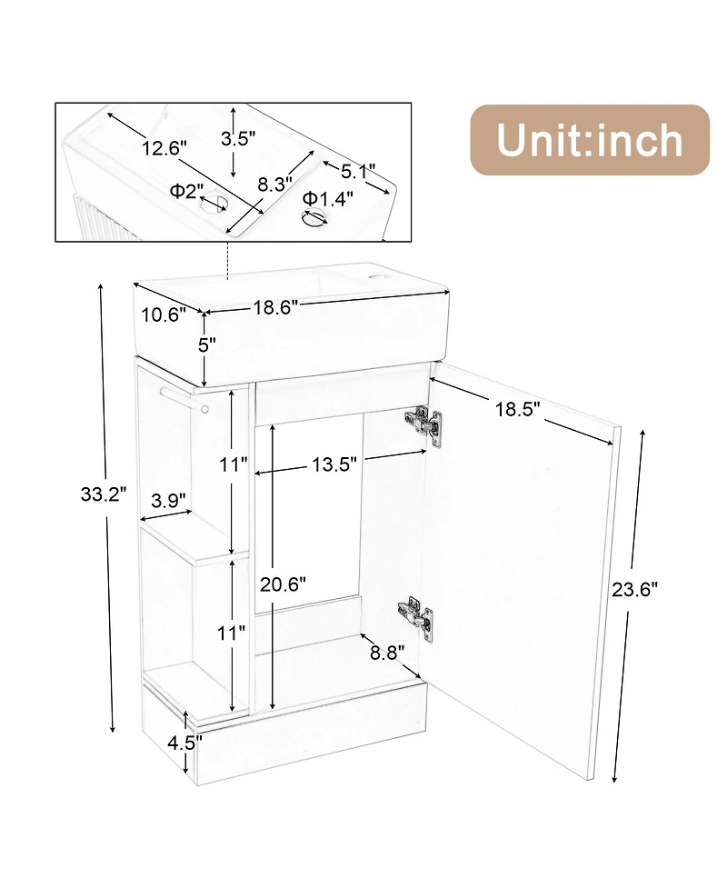Casainc 18.6" Bathroom Vanity with Sink, Two-Tier Shelf, Left or Right Orientation, Cabinet