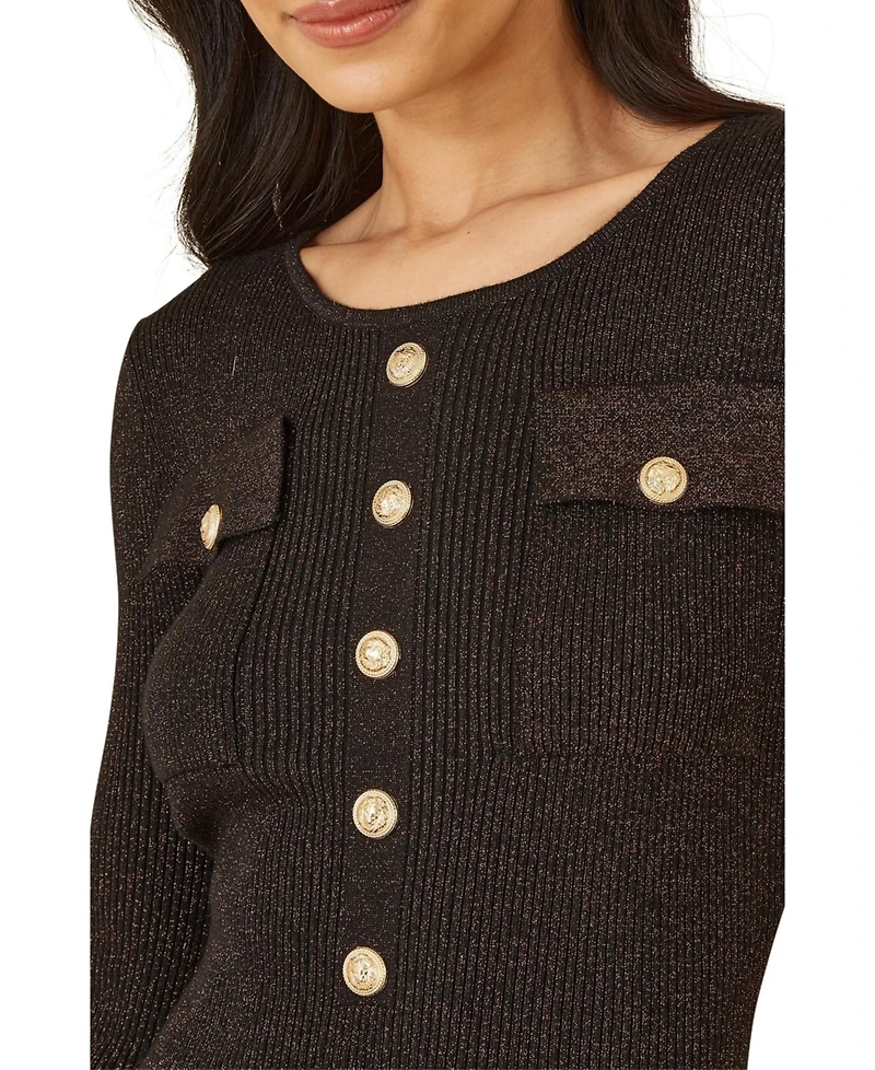 Yumi Women's Metallic Fitted Military Knit Dress