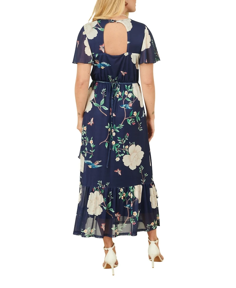 Yumi Women's Mesh Bird And Floral Print Midi Dress